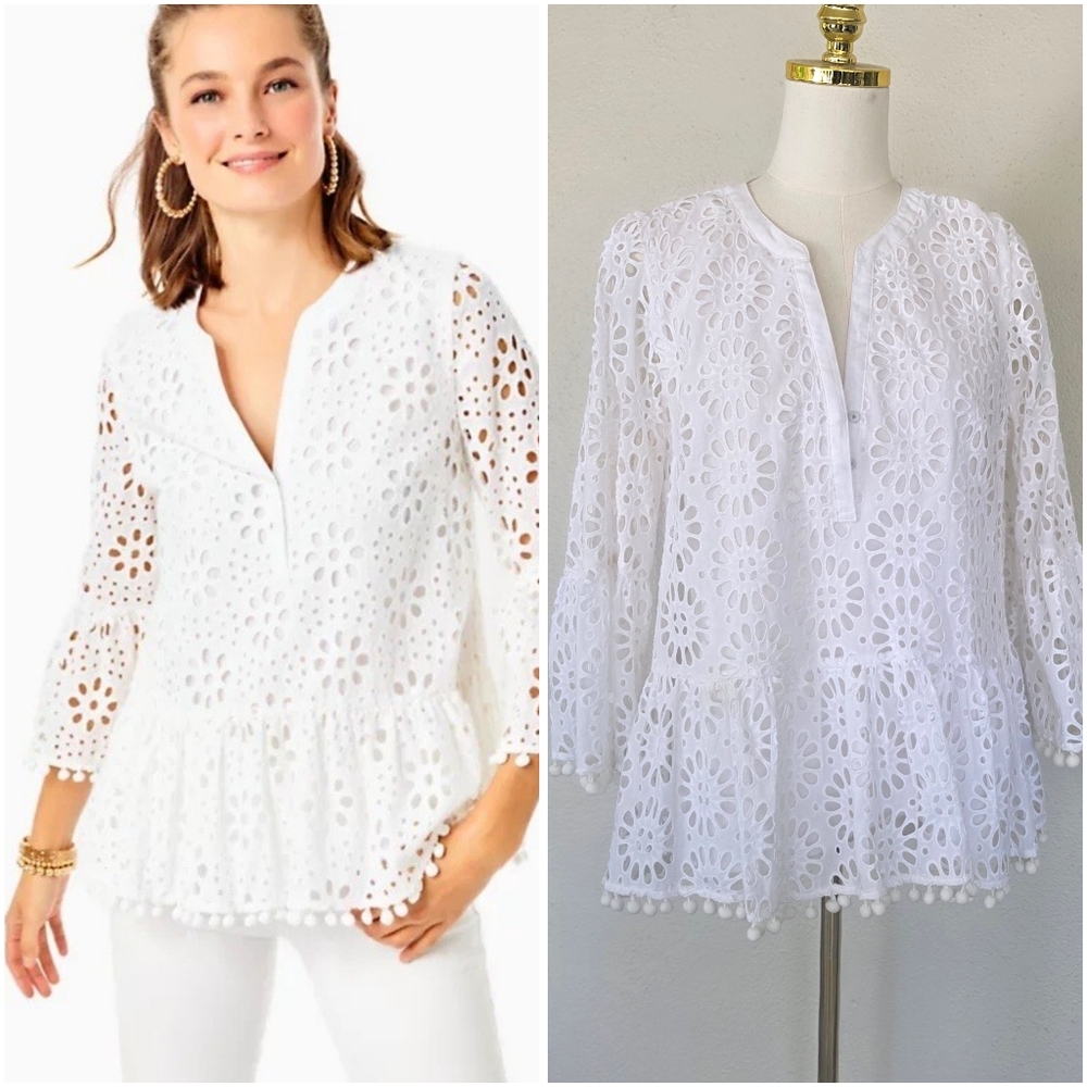 Lilly Pulitzer Bekah White Eyelet Pom Pom Top Size M